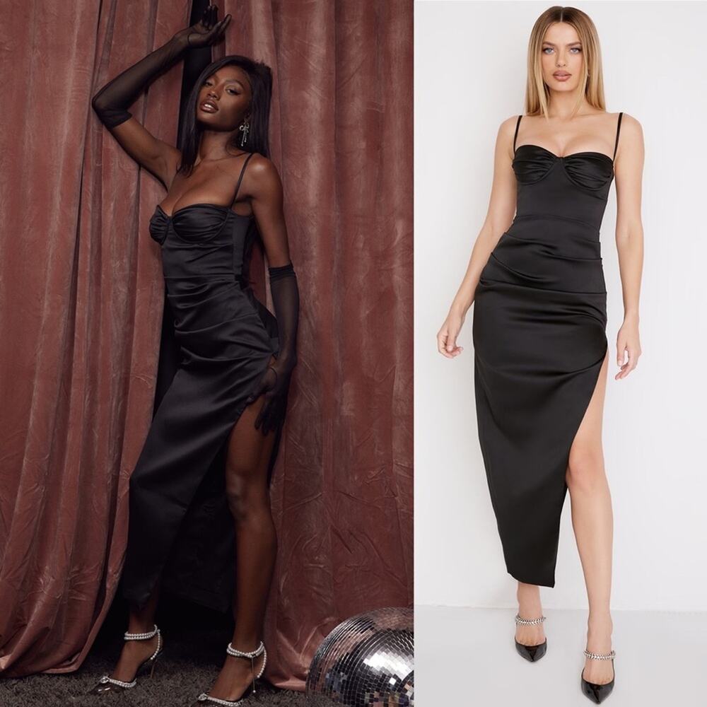 House of CB NEW Flora Black Satin Thigh Slit Pleated Corset Midi Dress S